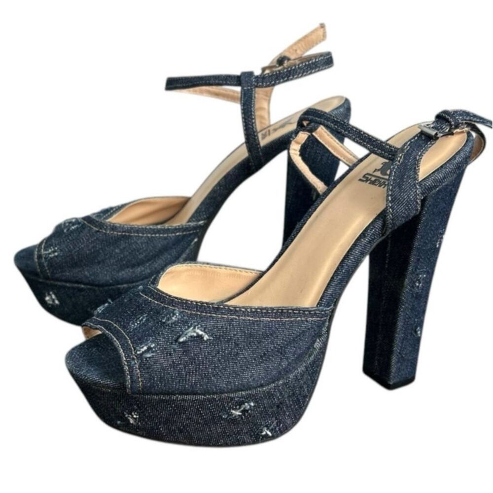 Shiekh Blue Distressed Denim Platform Sandals Block Heel NWOB Size 8